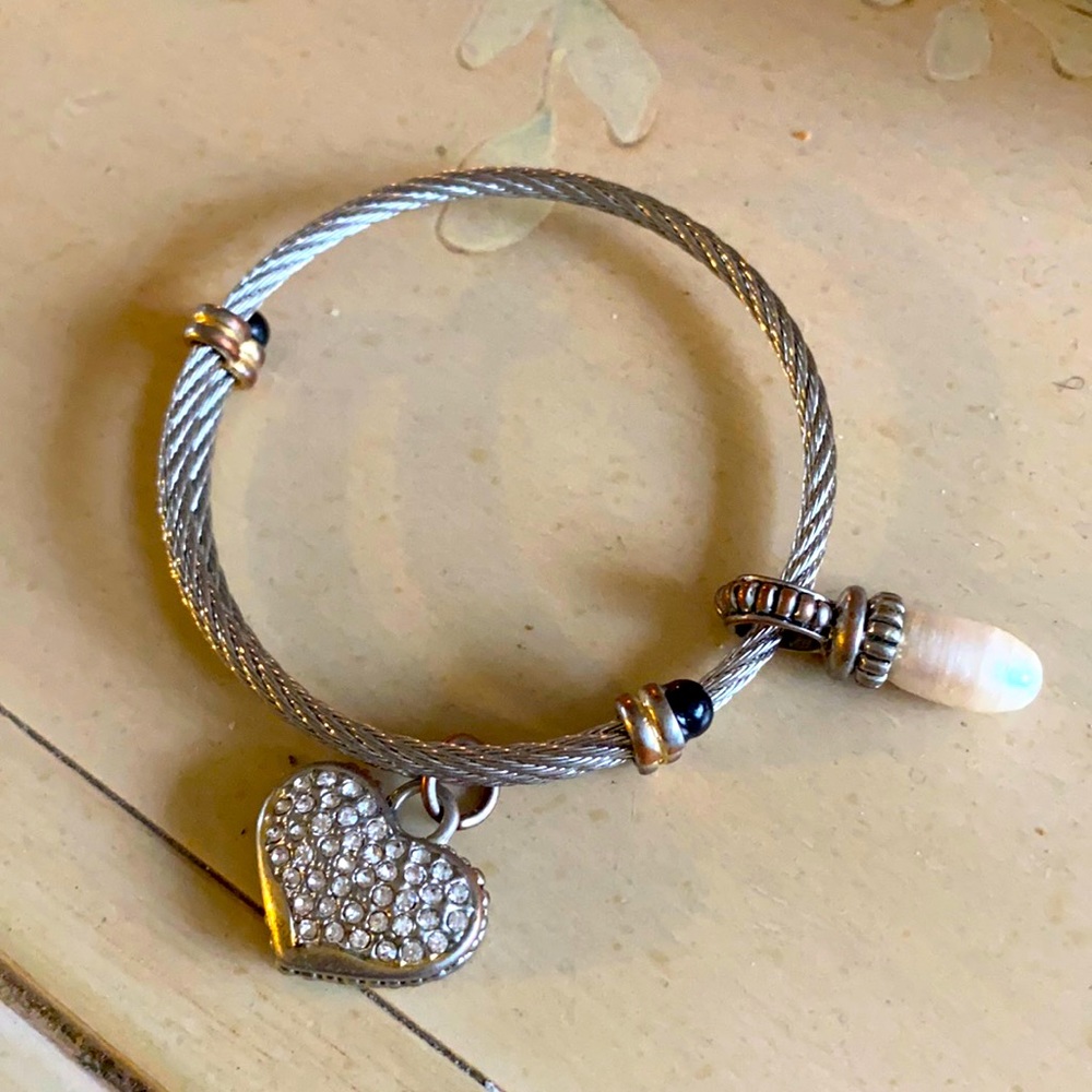 Silver tone bracelet on coiled Yurman style with drop charms